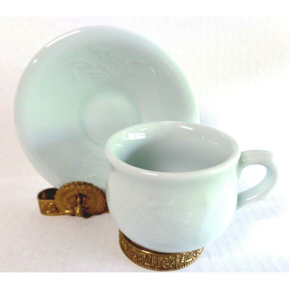 Asian Flower Green Heavy Jadeite TEA CUP & SAUCER Coffee Mug Set Raised Designs - Picture 1 of 9
